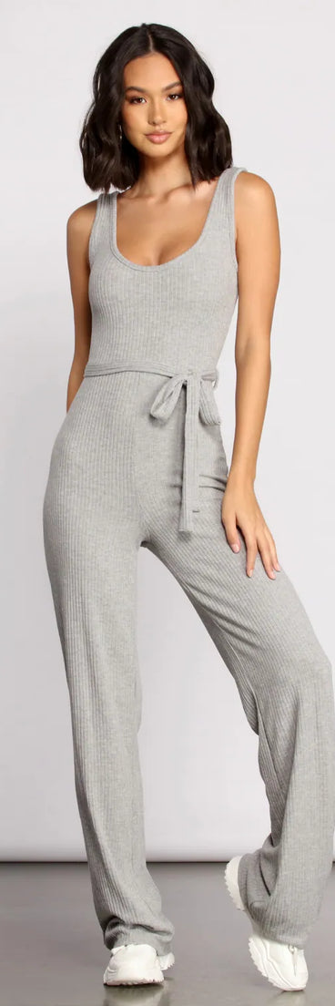 Casual and Chic Ribbed Tie Waist Jumpsuit