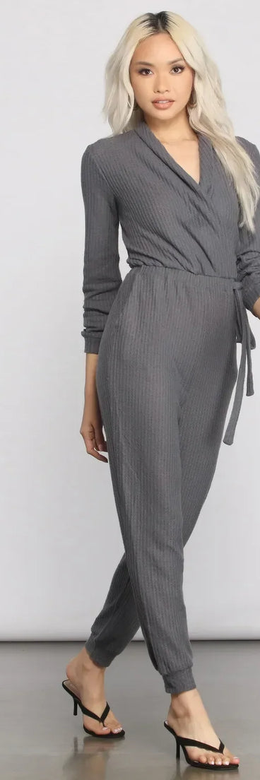 Cozy and Chic Ribbed Surplice Jogger Jumpsuit