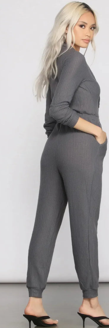 Cozy and Chic Ribbed Surplice Jogger Jumpsuit