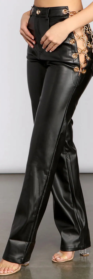 Chain Chic High Waist Faux Leather Pants