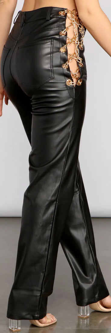 Chain Chic High Waist Faux Leather Pants
