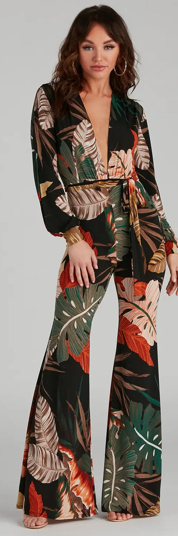 Island Getaway Plunge Neck Tropical Jumpsuit