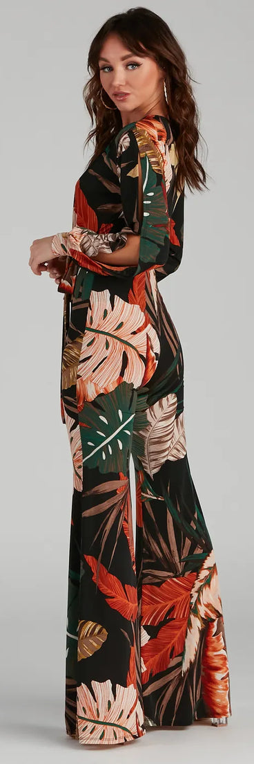 Island Getaway Plunge Neck Tropical Jumpsuit