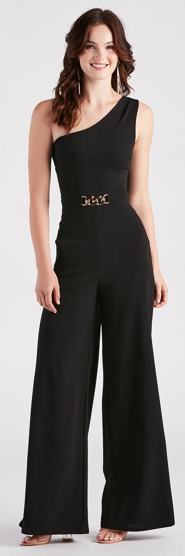 Chain Direction One Shoulder Crepe Jumpsuit