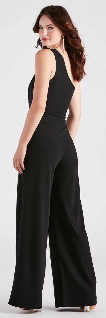 Chain Direction One Shoulder Crepe Jumpsuit
