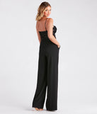 The Bare Necessities Floral Applique Corset Jumpsuit is a trendy women's bottom in black, designed with modern details and alluring textures to complete chic outfits for 2025.
