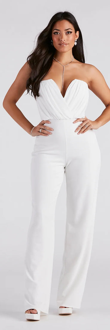 The Such A Chic Vibe Strapless Jumpsuit, a women's ivory jumpsuit, is a chic one-piece outfit for parties and celebrations offering a glamorous look with festive style and on-trend design accents.