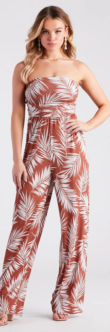 Sunset Cruise Tropical Print Strapless Jumpsuit