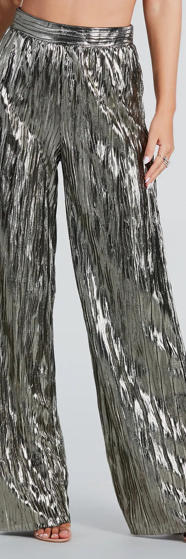 Dare To Impress Metallic Plisse Wide-Leg Pants