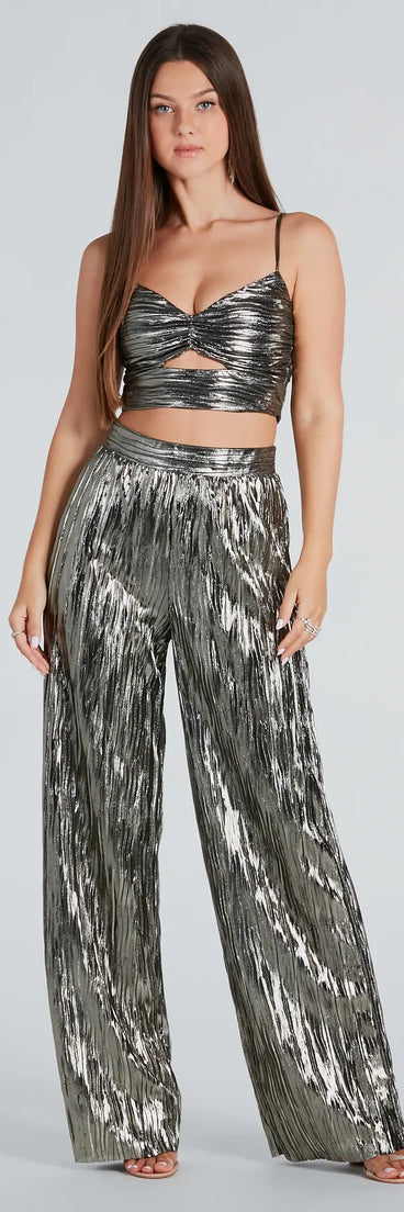 Dare To Impress Metallic Plisse Wide-Leg Pants