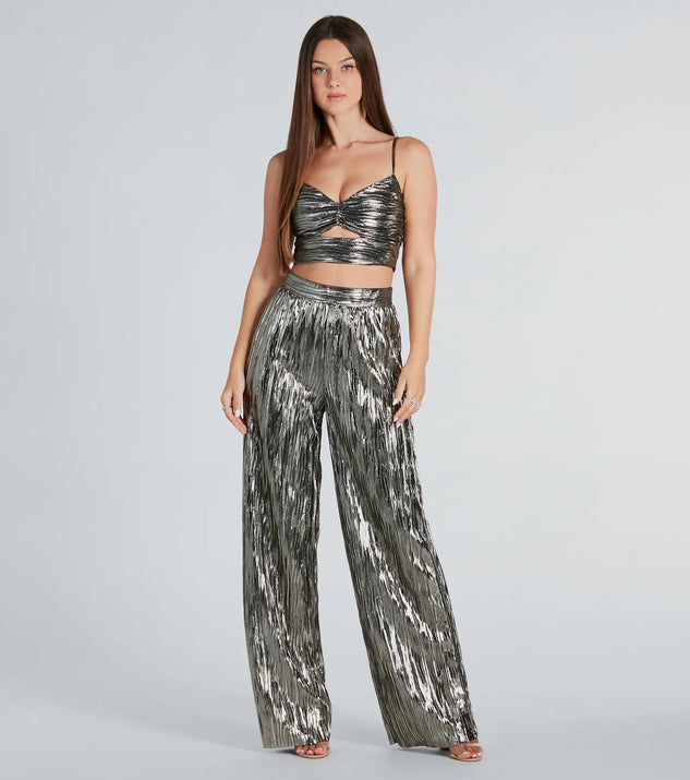 Dare To Impress Metallic Plisse Wide-Leg Pants | Windsor