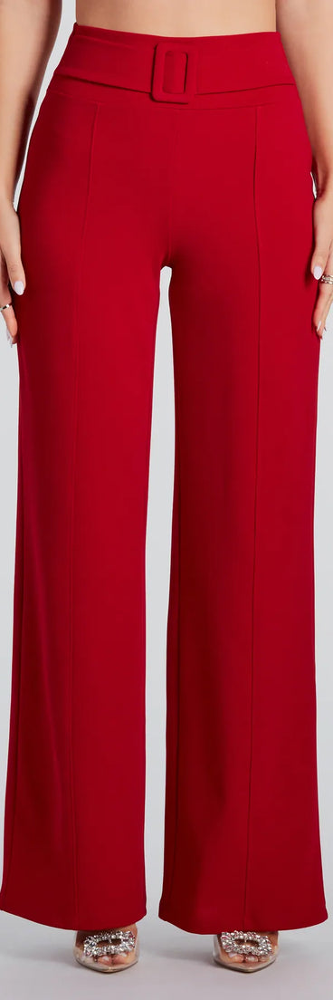 The Perfect Look Belt-Detail Trouser Pants in red is a pair of women's pants with an on-trend leg style and elevated fabric that adds texture, perfect for crafting effortless winter outfits.