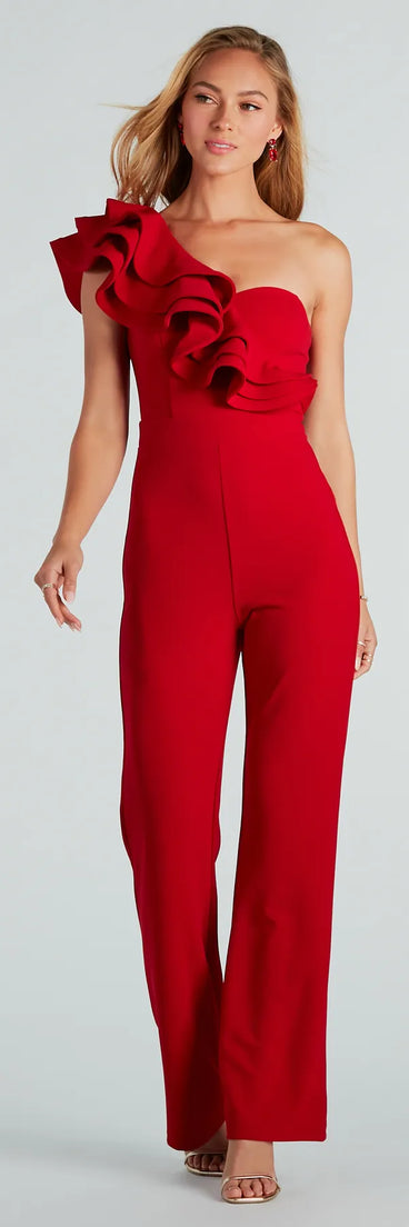 Catwalk Strut Crepe Ruffle One-Shoulder Jumpsuit