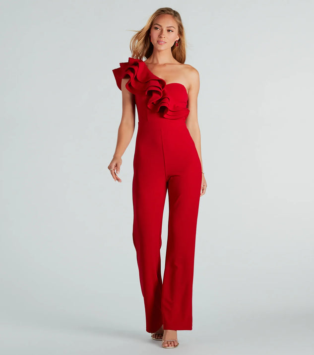 Catwalk Strut Crepe Ruffle One-Shoulder Jumpsuit | Windsor