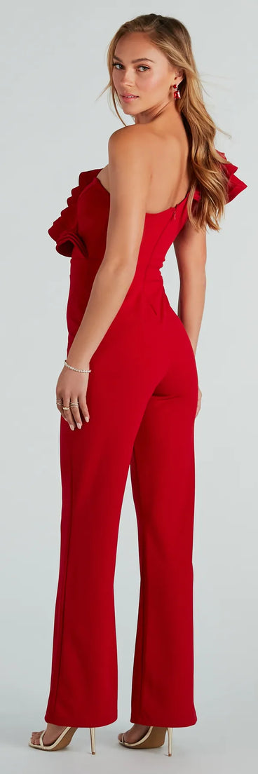 Catwalk Strut Crepe Ruffle One-Shoulder Jumpsuit