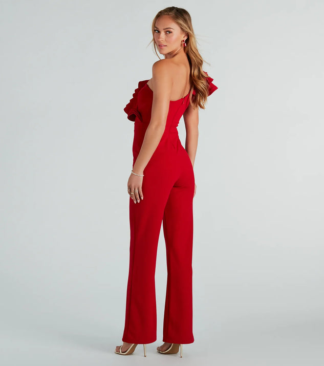 Catwalk Strut Crepe Ruffle One-Shoulder Jumpsuit | Windsor