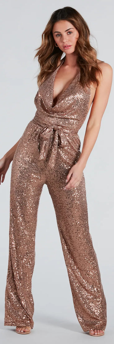 Gleam On Sequin Halter Tie-Waist Jumpsuit