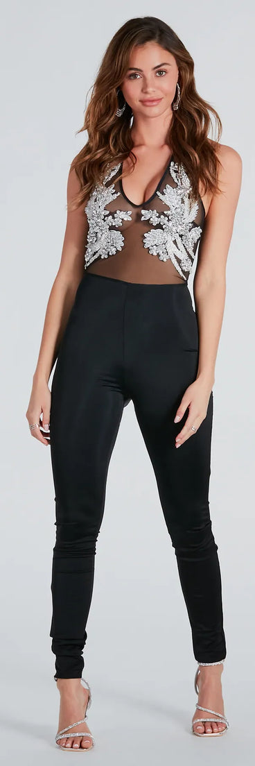 Going Bold Rhinestone Applique Halter Jumpsuit