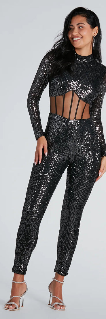 Party Hour Corset Waist Sequin Catsuit