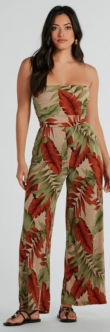 Vacay Mood Strapless Tropical Knit Jumpsuit