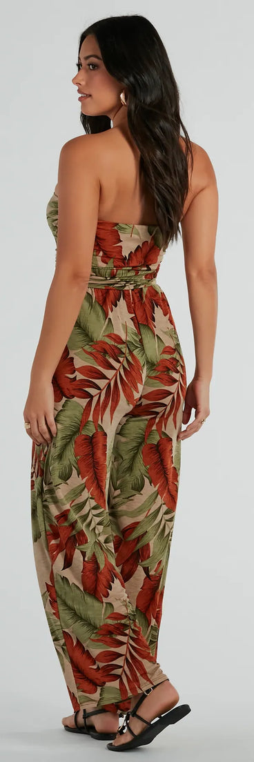 Vacay Mood Strapless Tropical Knit Jumpsuit