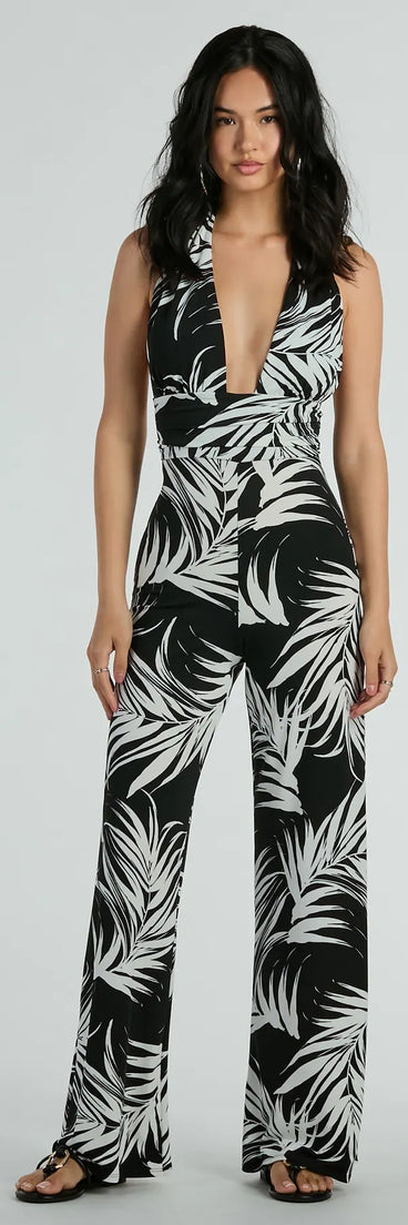 Majorly Tropical Plunge Halter Wide-Leg Jumpsuit