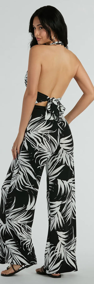 Majorly Tropical Plunge Halter Wide-Leg Jumpsuit
