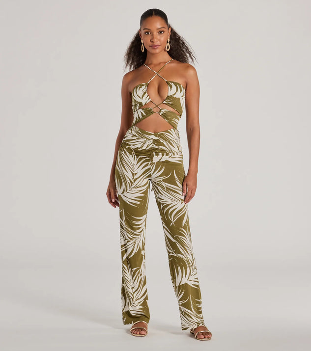 The Jet-Set to Paradise Strappy Cutout Tropical Knit Jumpsuit in olive is a women's jumpsuit with an on-trend leg style and elevated fabric that adds texture, perfect for crafting effortless winter outfits.