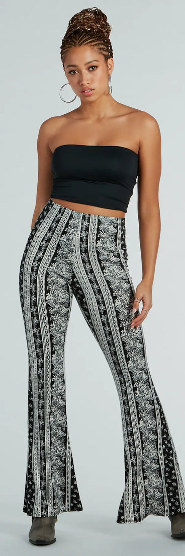 The Free Spirit Chick High-Rise Boho Flare Pants in black is a pair of women's pants with an on-trend leg style and elevated fabric that adds texture, perfect for crafting effortless winter outfits.