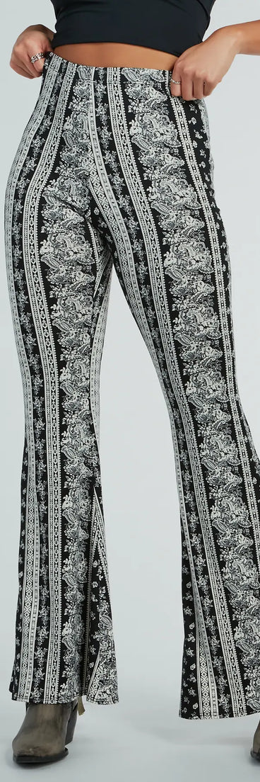 The Free Spirit Chick High-Rise Boho Flare Pants in black is a versatile pair of women's pants with trendy design accents, crafted for holiday-ready looks, from office wear to sophisticated winter night outs.
