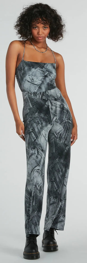 Got Em' Tripping Lace-Up Denim Print Jumpsuit