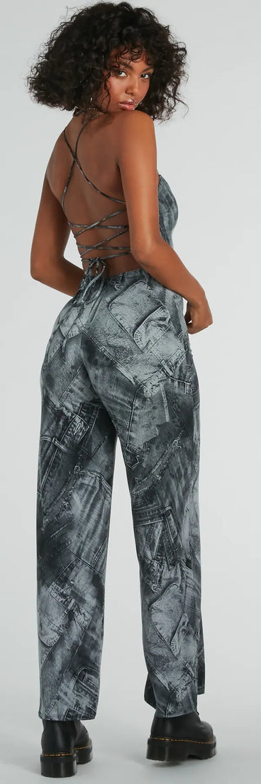 Got Em' Tripping Lace-Up Denim Print Jumpsuit
