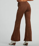 Make a statement with the All Laced-Up Flare Faux Suede Pants, women's brown pants featuring stylish fits and glam finishes, perfect for a trendy outfit of the day or seasonal celebrations.