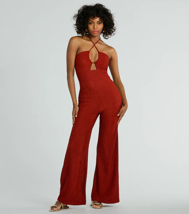 The Sunny Energy Halter Cut Out Wide Leg Jumpsuit, a women's rust jumpsuit, is a chic one-piece outfit for parties and celebrations offering a glamorous look with festive style and on-trend design accents.