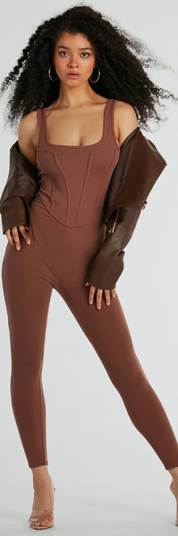 The Chill Vibes Ribbed Knit Corset Catsuit in coffee brown is a pair of women's pants with an on-trend leg style and elevated fabric that adds texture, perfect for crafting effortless winter outfits.