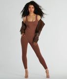 The Chill Vibes Ribbed Knit Corset Catsuit in coffee brown is a pair of women's pants with an on-trend leg style and elevated fabric that adds texture, perfect for crafting effortless winter outfits.