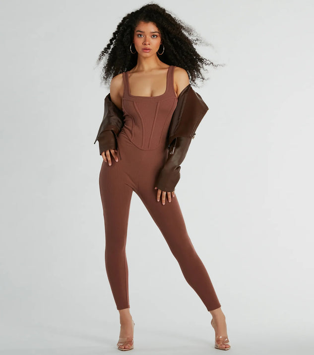 The Chill Vibes Ribbed Knit Corset Catsuit in coffee brown is a pair of women's pants with an on-trend leg style and elevated fabric that adds texture, perfect for crafting effortless winter outfits.