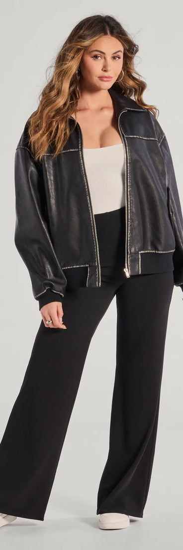 The Nine To Five Straight-Leg Crepe Trouser Pants is a trendy women's bottom in black, designed with modern details and alluring textures to complete chic outfits for 2025.