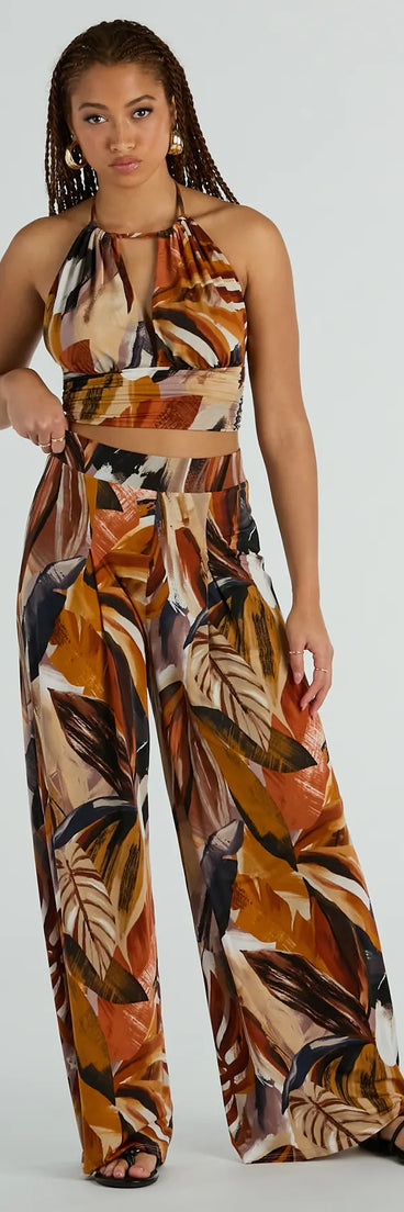 The Vacay Ready Tropical Knit Wide-Leg Pants in cognac is a pair of women's pants with an on-trend leg style and elevated fabric that adds texture, perfect for crafting effortless winter outfits.