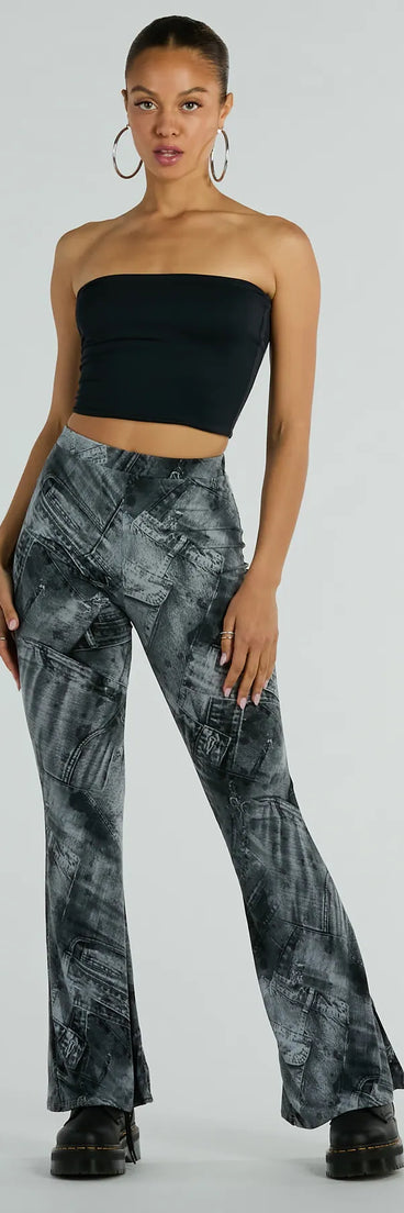 The Got The Blues High Rise Denim Print Flare Pants is a pair of stylish women's denim pants, perfect for creating easy winter outfits, from casual days to holiday gatherings.