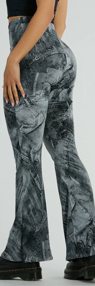  Got The Blues High Rise Denim Print Flare Pants is a pair of women's pants with an on-trend leg style and elevated fabric that adds texture, perfect for crafting effortless office-ready winter outfits.
