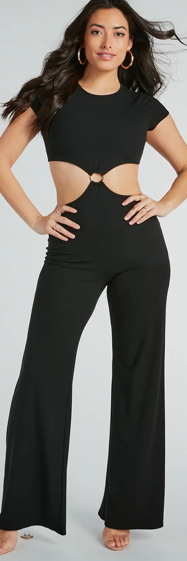 The Tie Me Right Cutout Open Back Flare Jumpsuit in black is a women's jumpsuit with an on-trend leg style and elevated fabric that adds texture, perfect for crafting effortless winter outfits.