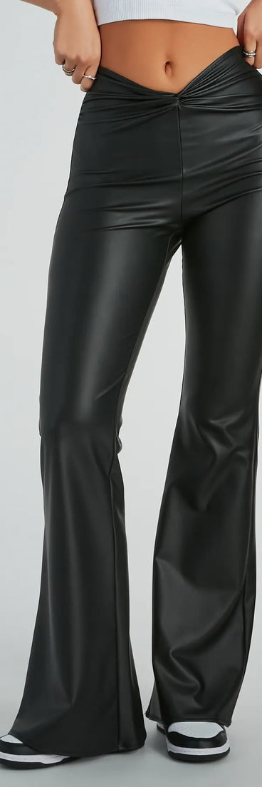 The Fierce Edge Mid-Rise Flare Faux Leather Pants in black is a versatile pair of women's pants with trendy design accents, crafted for holiday-ready looks, from office wear to sophisticated winter night outs.