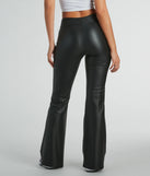 Make a statement with the Fierce Edge Mid-Rise Flare Faux Leather Pants, women's black pants featuring stylish fits and glam finishes, perfect for a trendy outfit of the day or seasonal celebrations.