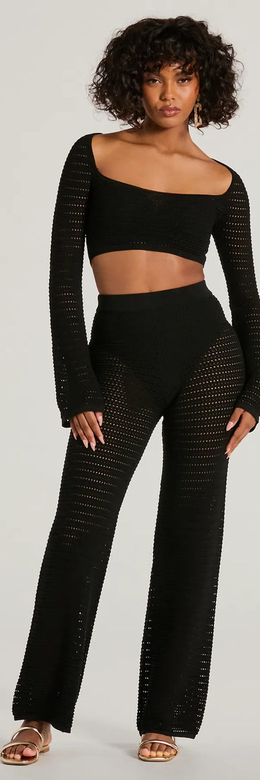 The Boho Cutie Crochet Wide-Leg Pants in black is a pair of women's pants with an on-trend leg style and elevated fabric that adds texture, perfect for crafting effortless winter outfits.
