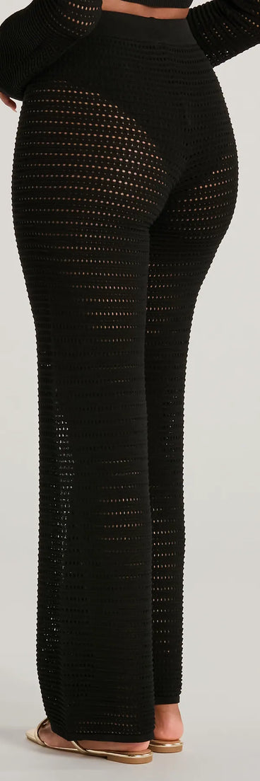 The Boho Cutie Crochet Wide-Leg Pants in black is a versatile pair of women's pants with trendy design accents, crafted for holiday-ready looks, from office wear to sophisticated winter night outs.