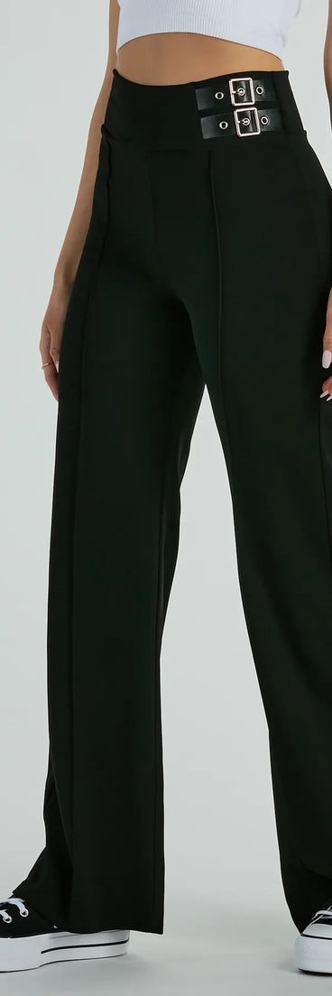 The Chic Confidence Buckle Accent Trouser Pants in black is a versatile pair of women's pants with trendy design accents, crafted for holiday-ready looks, from office wear to sophisticated winter night outs.