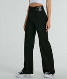 The Chic Confidence Buckle Accent Trouser Pants in black is a versatile pair of women's pants with trendy design accents, crafted for holiday-ready looks, from office wear to sophisticated winter night outs.