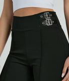 Step into seasonal style with the Chic Confidence Buckle Accent Trouser Pants, a pair of women's black pants in a rich winter color, ideal for creating chic holiday party attire or a night-out look.