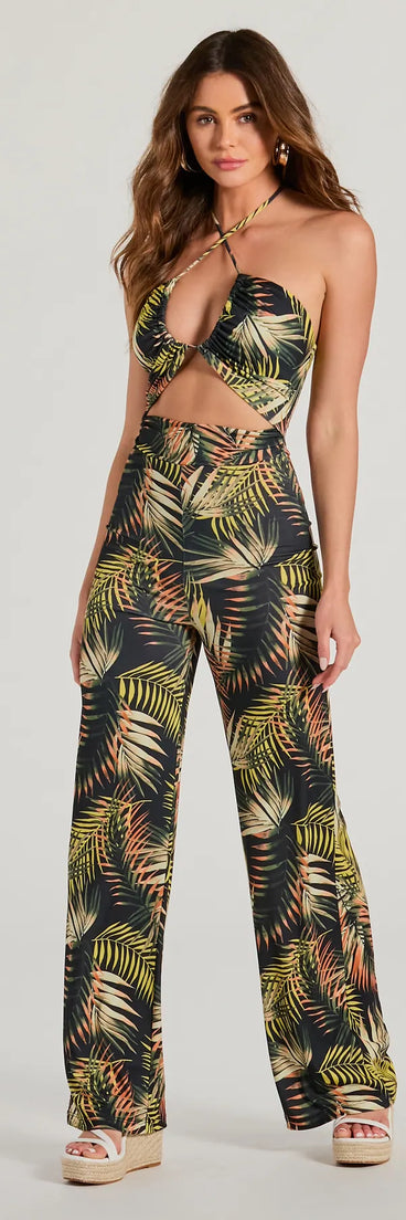 Refresh your fall closet with stylish women's pants like the Tropical Cutie Halter Cutout Wide-Leg Jumpsuit in a sleek fabric and a pant leg style that makes your look unique.